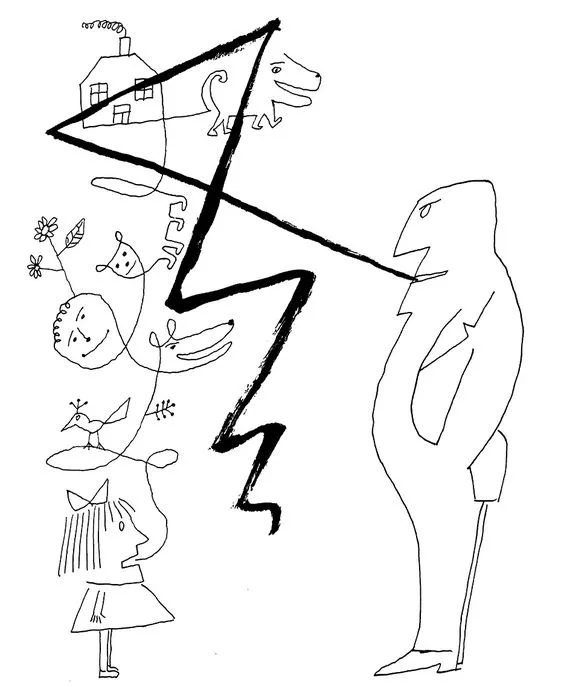 Disegno di Saul Steinberg sulla differenza tra linguaggio immaginativo infantile e quello adulto